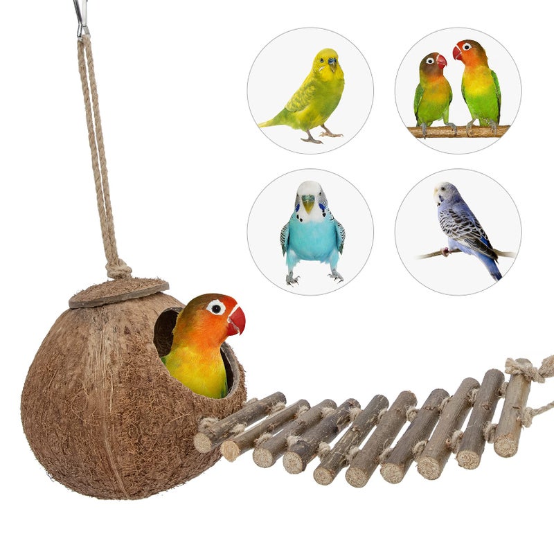 Niteangel Natural Coconut Hideaway with Ladder, Bird and Small Animal Toy (House with Ladder, Natural Surface) - Image 2